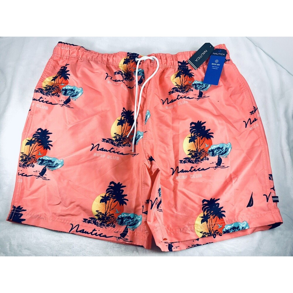 NAUTICA Pale Coral Island Print Mesh Brief Lined Swim Trunks 8” Mens Size XXL